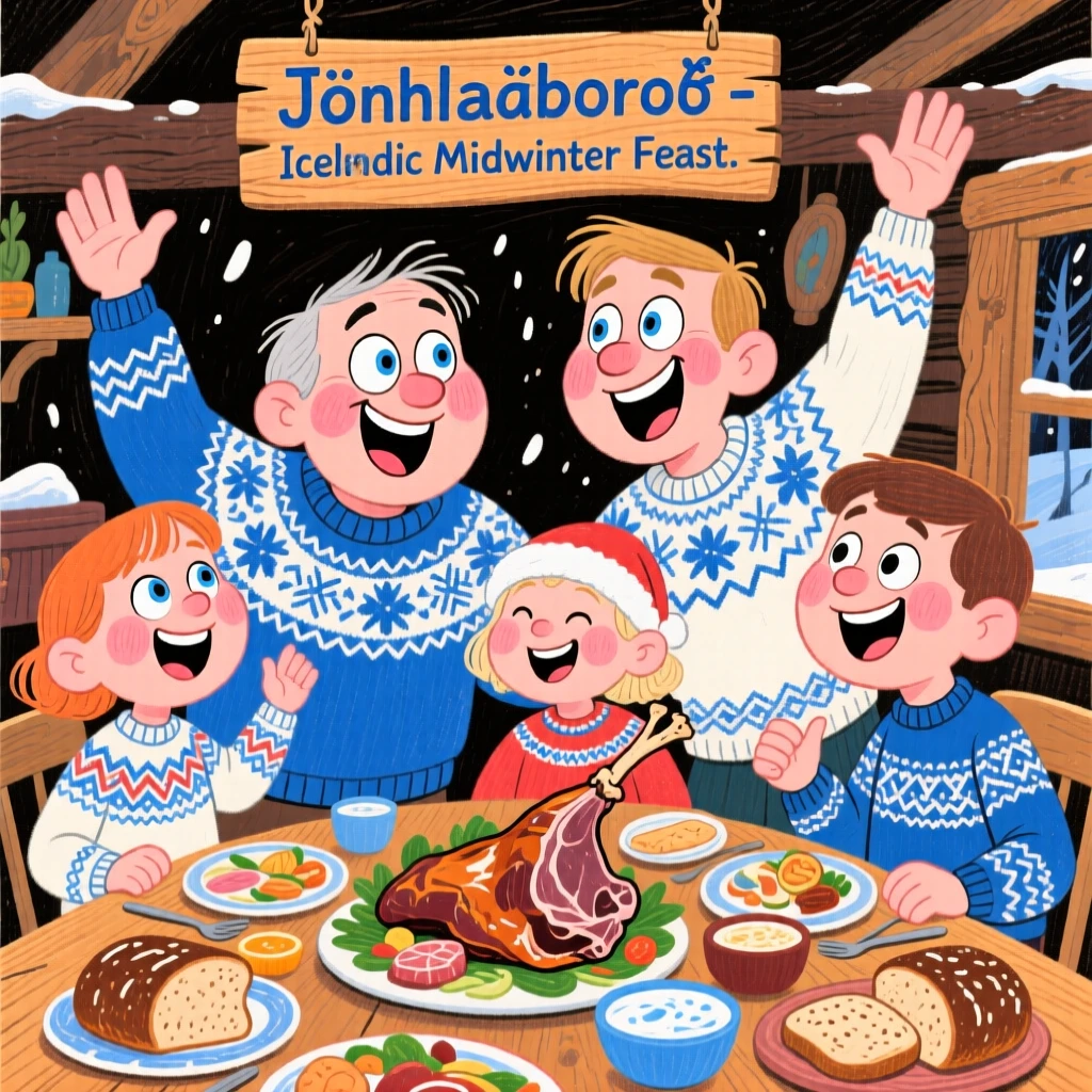 A family celebrating a traditional Icelandic midwinter feast.