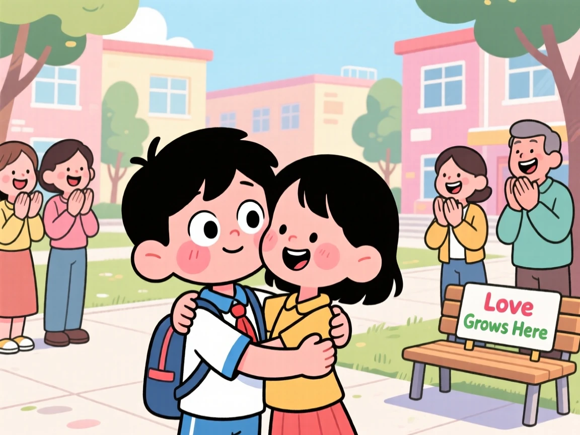 A heartwarming moment depicting a shy student sharing an unexpected, tender embrace, surrounded by loved ones cheering quietly.