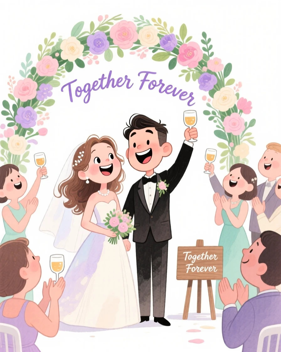 A joyful celebration scene of a wedding scene with a couple under a floral arch, filled with warmth and laughter