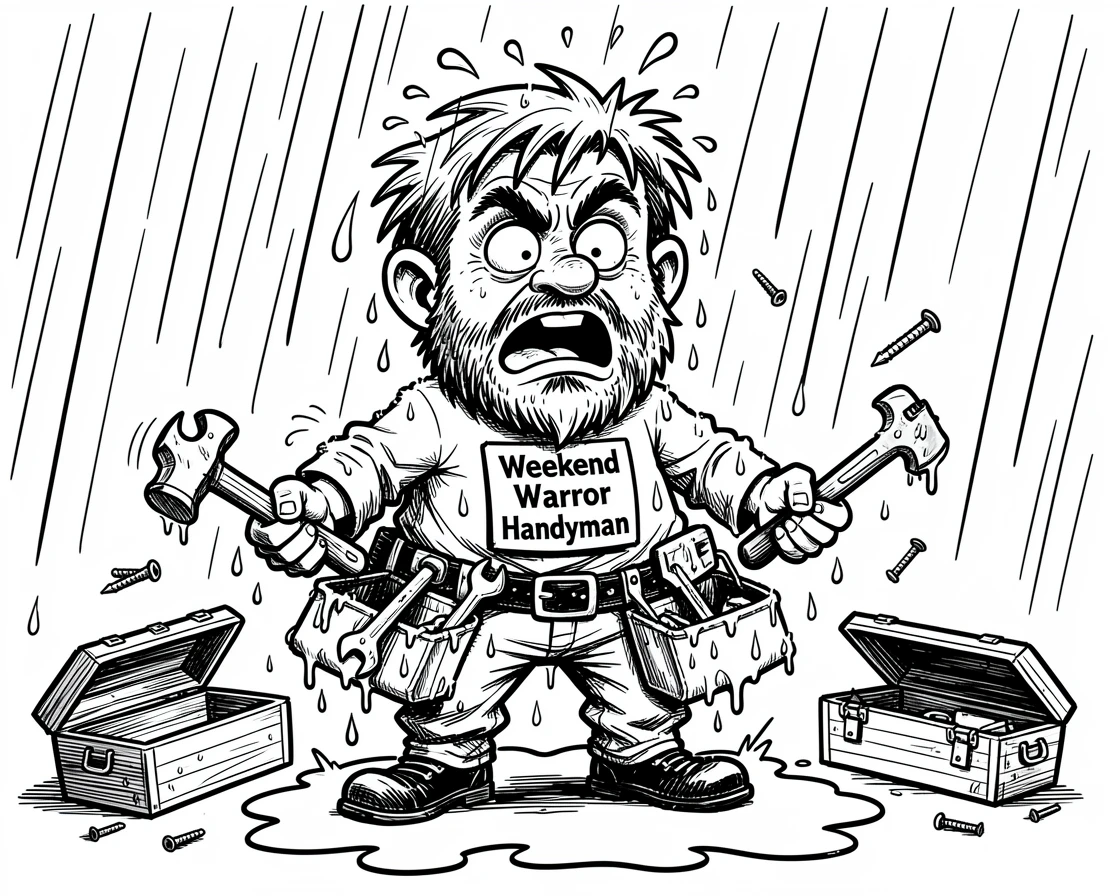 [Funny & Exaggerated Situations] Comical scene of a dramatic weekend handyman getting caught in a spontaneous rainstorm, exaggerated for maximum laughs