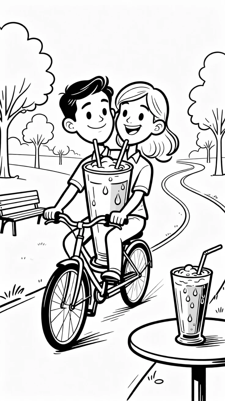 A couple sharing one milkshake with two straws, bobbing heads slightly out of sync with the music, set on a wobbly tandem bicycle down a park path. The milkshake glass sweats condensation onto the table. It radiates warmth, laughter, and quiet devotion.