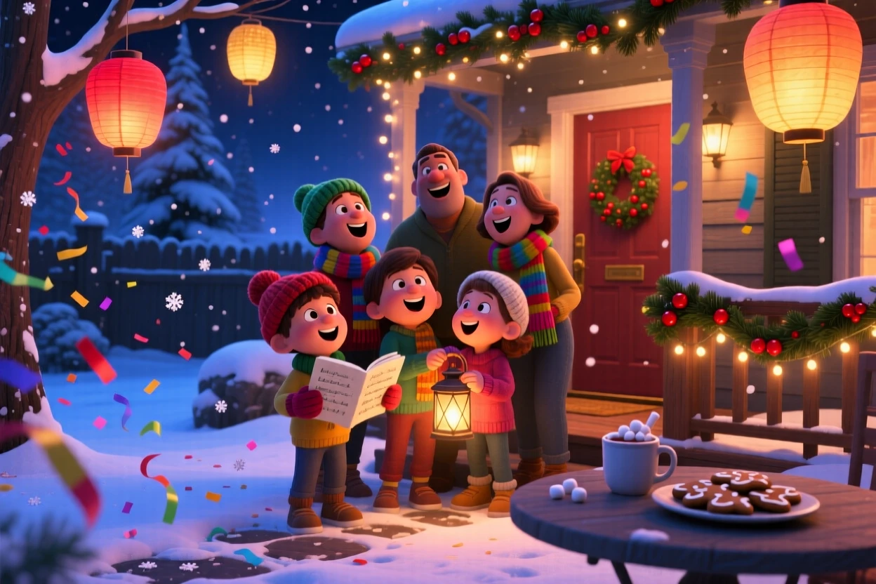 A group singing carols on a snowy doorstep happens in a backyard strung with paper lanterns, with confetti and streamers filling the air. A cozy, cheerful spirit radiates through the moment.