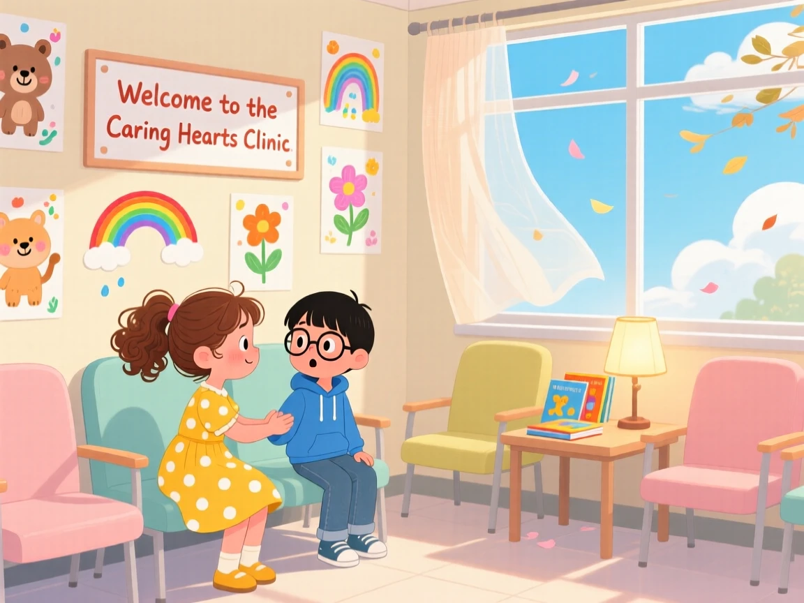 In a hospital waiting room decorated with drawings, a girl and a shy new classmate bond over giving up a seat so someone else can rest, while a soft breeze carries away any worry.