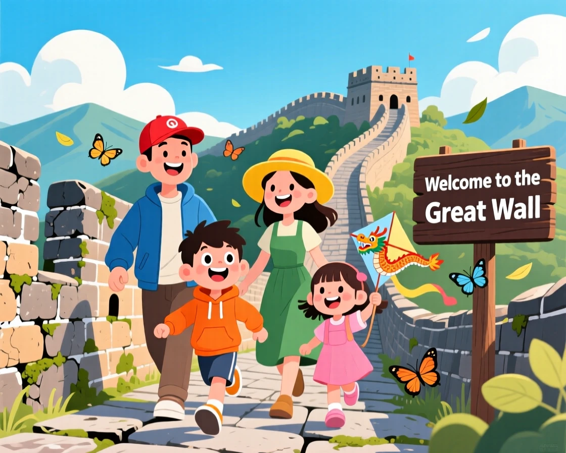 A family walking along the ancient stones of the Great Wall.