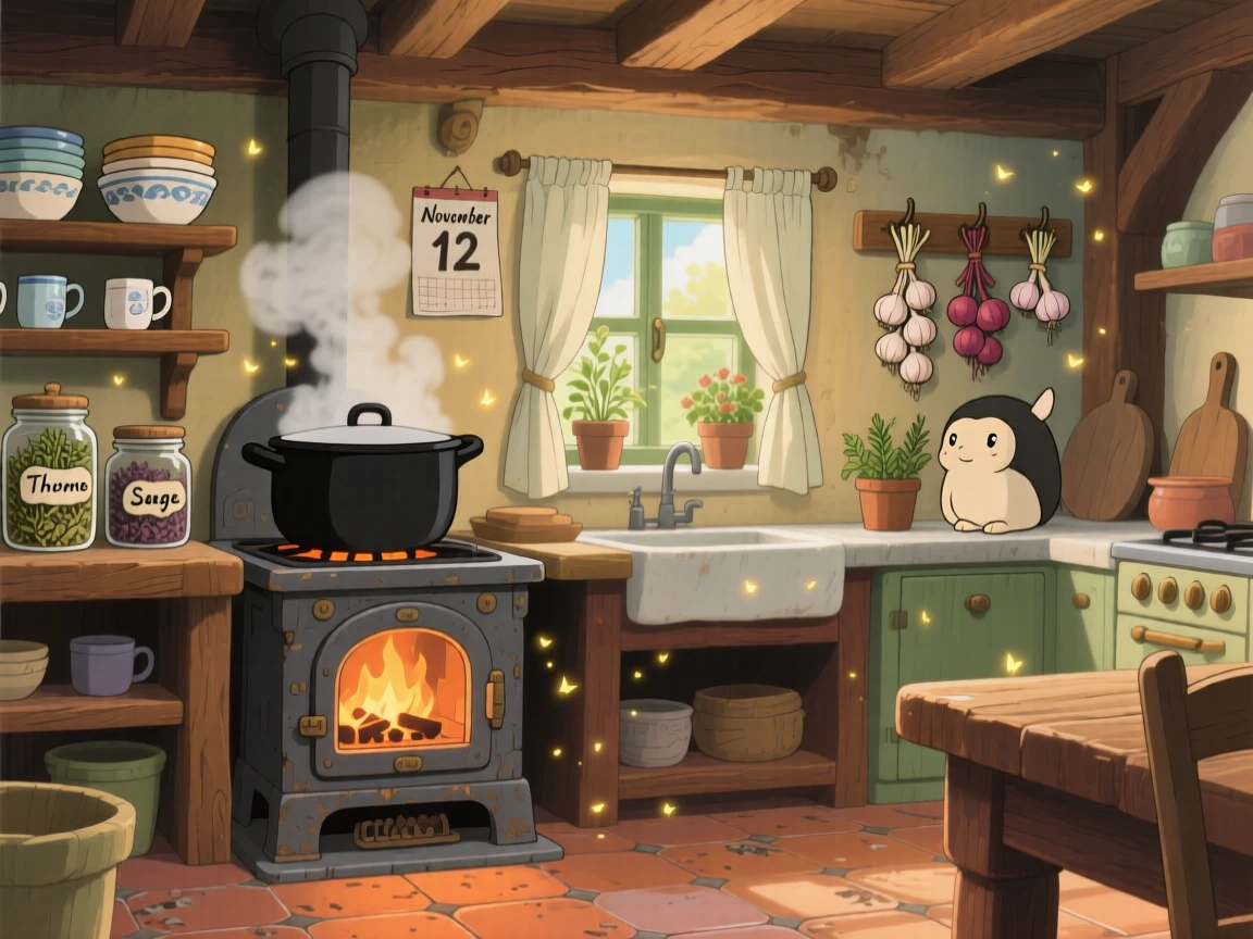 A warm, inviting scene of a steaming pot of soup simmering on a wood stove, surrounded by the comforting clutter of a well-loved kitchen.