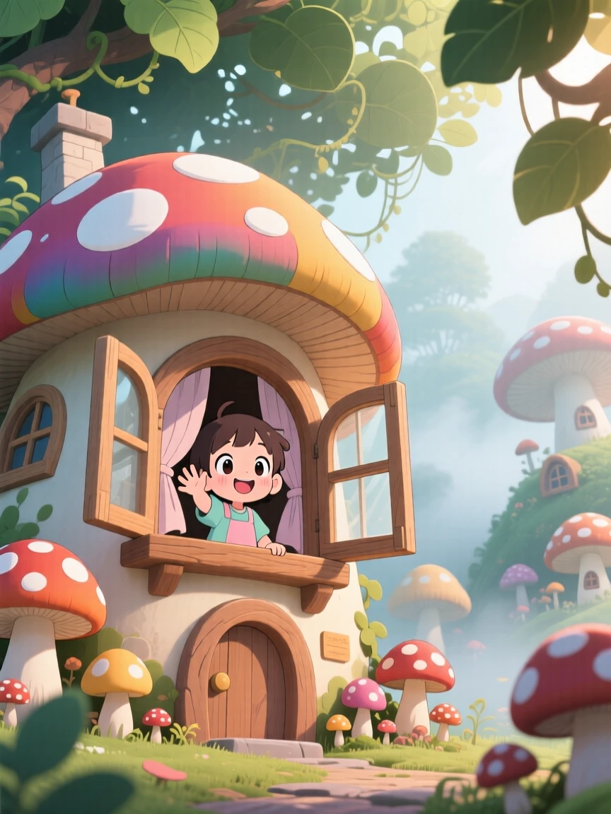 A small child waving from a window of a mushroom-shaped cottage in a whimsical fungal village on a misty foggy morning; dappled sunlight through a canopy washes over the scene as sleepy relaxation fills the moment. Low-angle shot looking up.