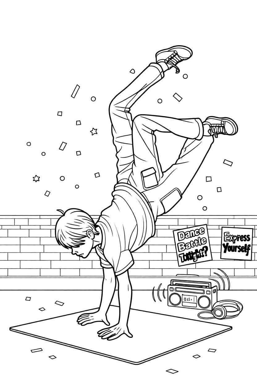 A breakdancer frozen mid-freeze on a cardboard mat, with confetti falling through the air.