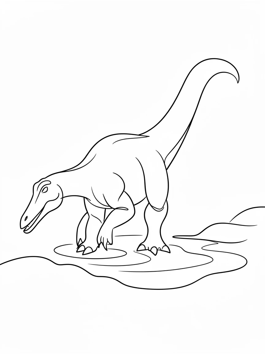 A Spinosaurus wading through a shallow prehistoric river