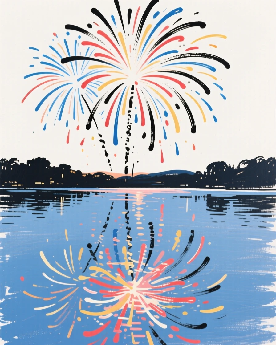 A Fourth of July fireworks show reflected over a lake.