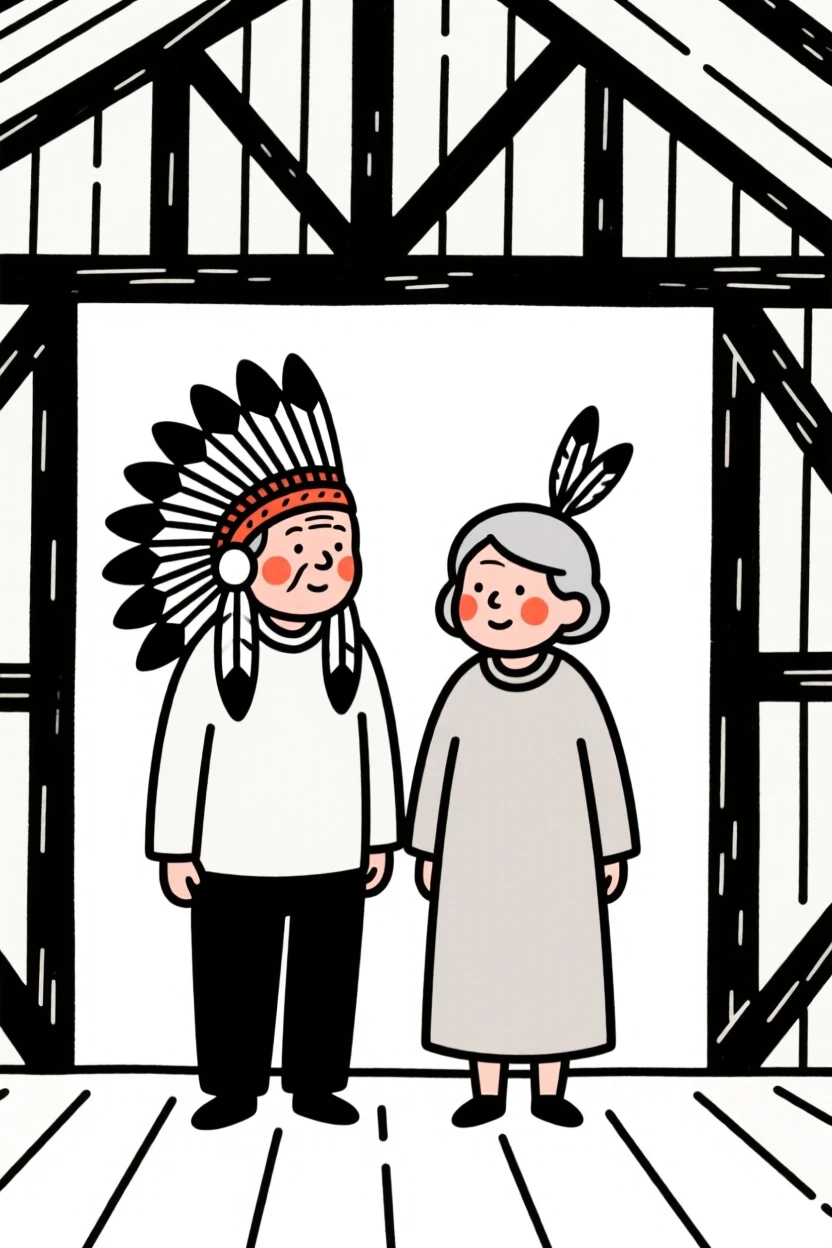 An elderly couple wearing a Native American ceremonial headdress, in a rustic barn.