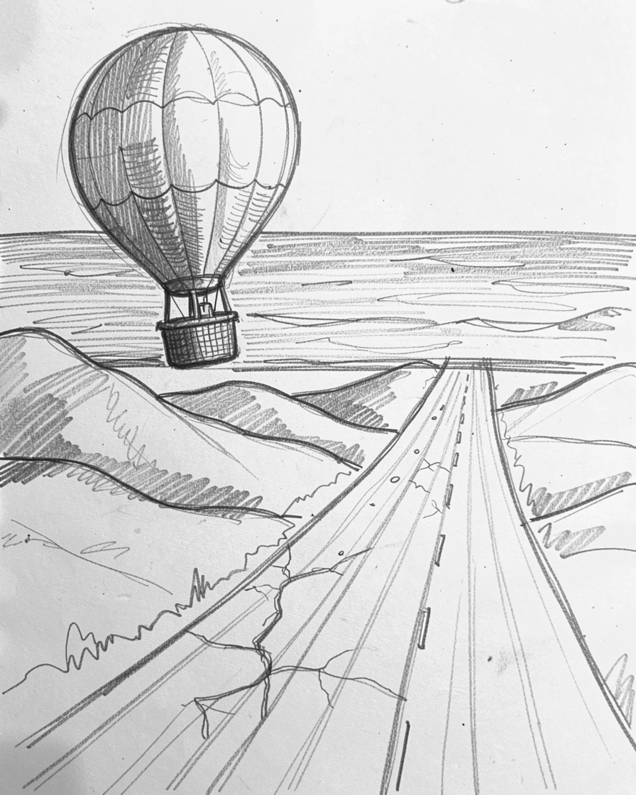 A hot air balloon drifting over rolling hills, on a dusty desert highway, with the ocean stretching out beyond.