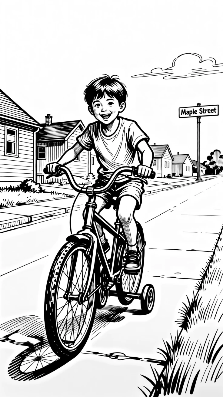 A child riding a bicycle with training wheels down a quiet street.