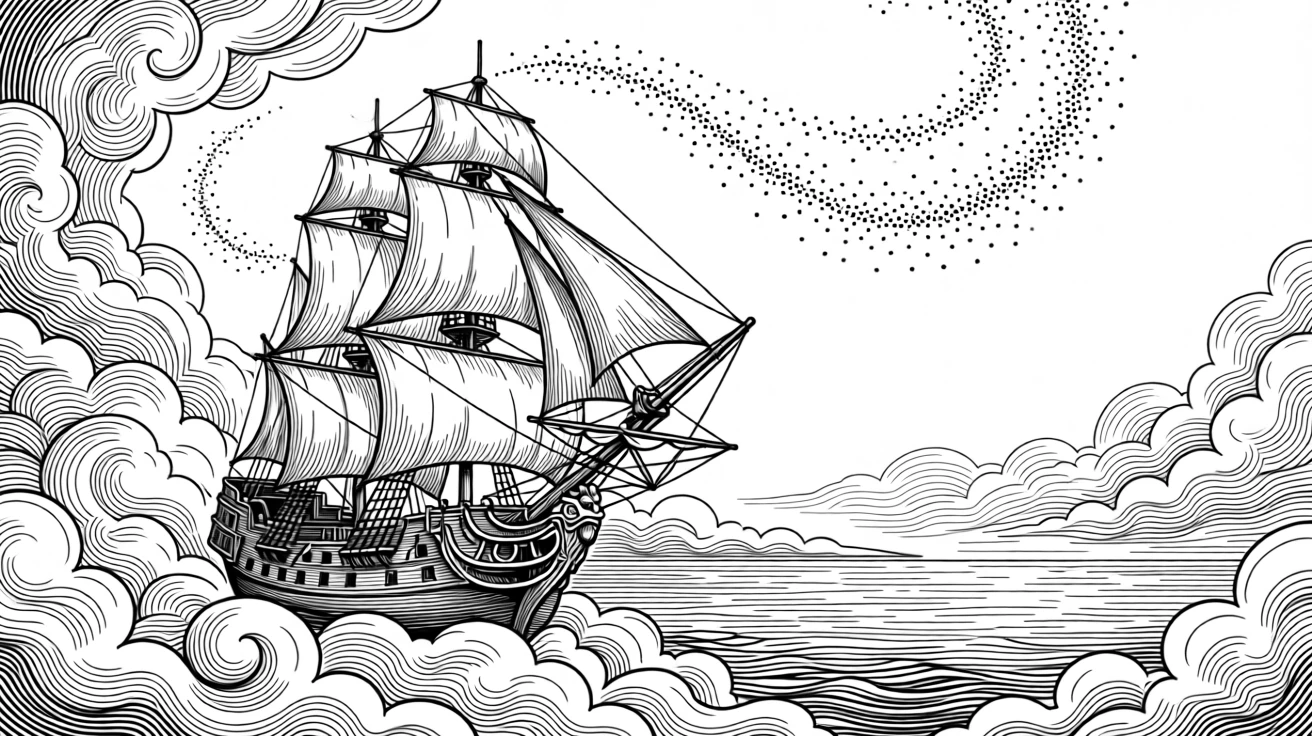 A ship sailing through a sea of clouds at the edge of an endless enchanted sea, with a trail of glimmering dust in the air, forming a quietly wondrous fantasy scene.
