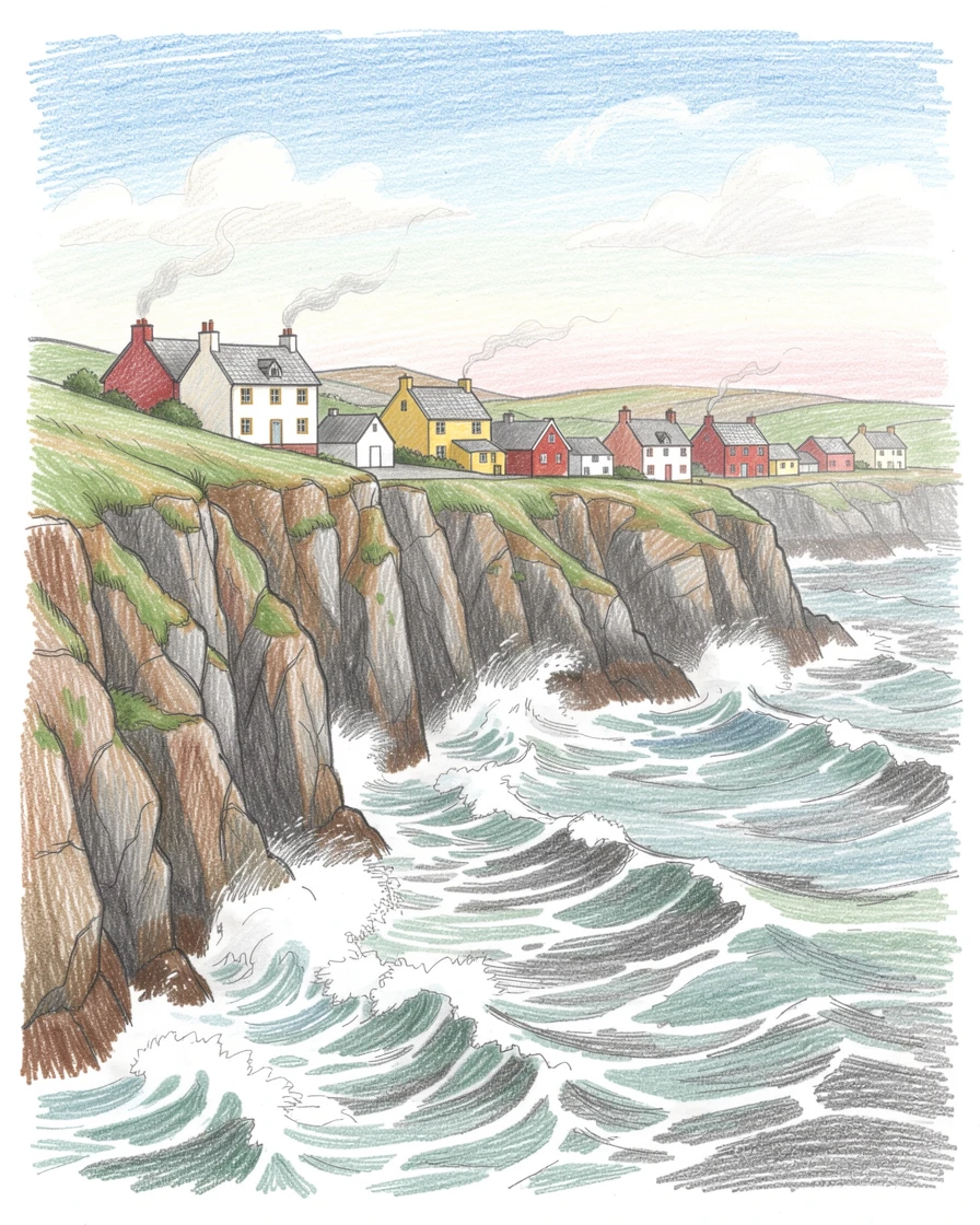 A Faroe Islands cliffside village overlooking crashing waves, captured in a quiet, intimate moment full of atmosphere, perfect for anyone drawn to gentle, heartfelt imagery.