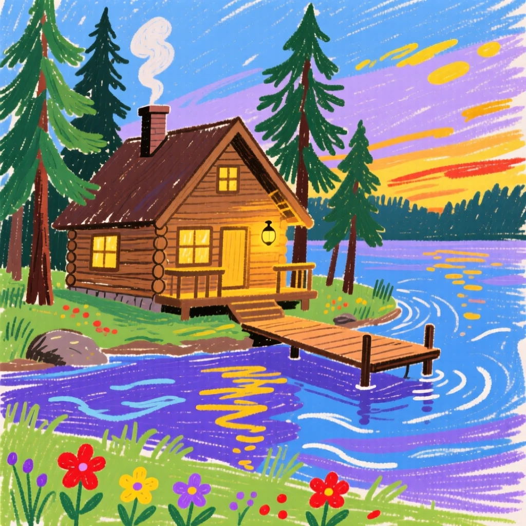 A view of a lakeside cabin glowing warmly as evening lights begin to switch on.