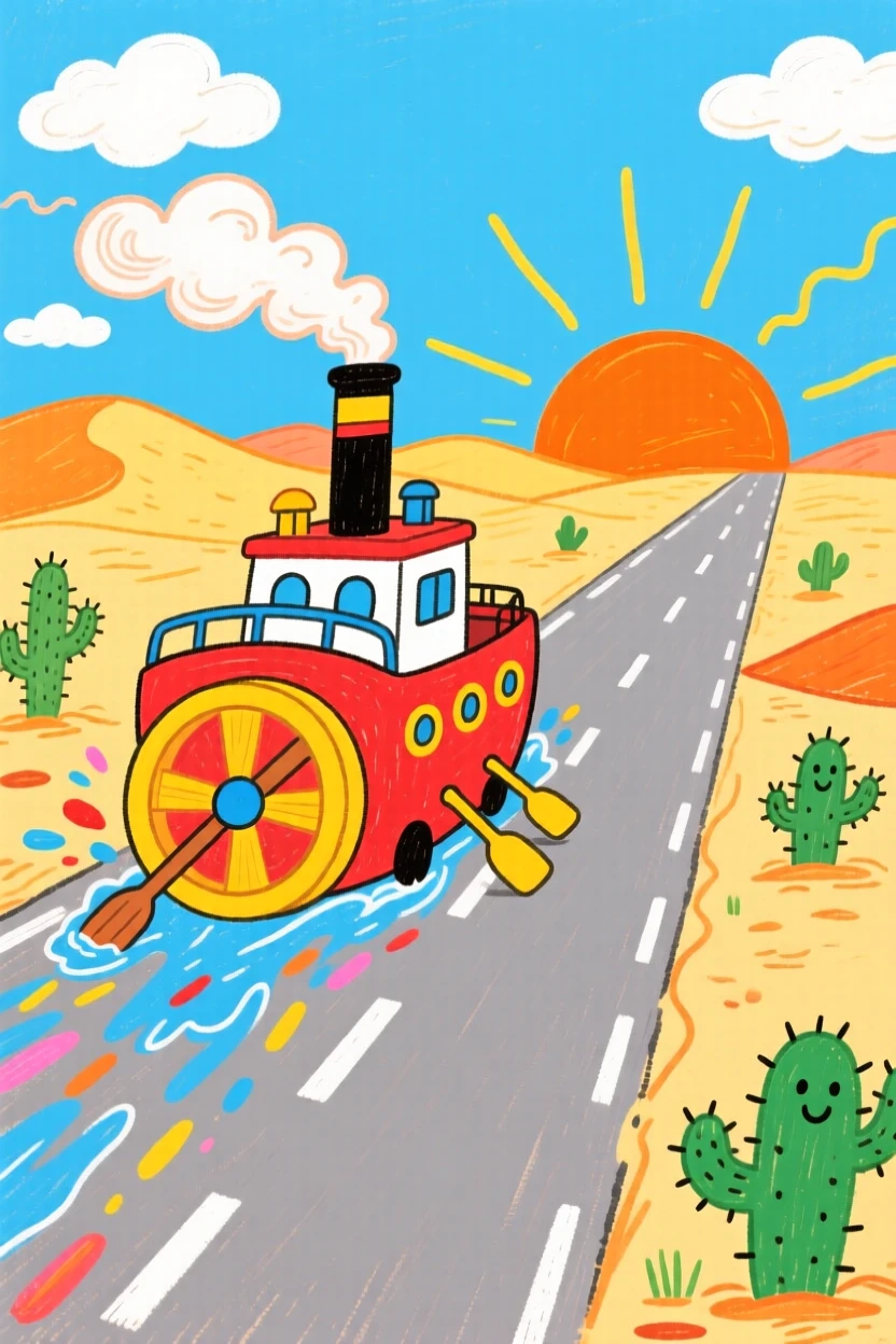 A paddle steamboat racing along a desert highway at sunrise.