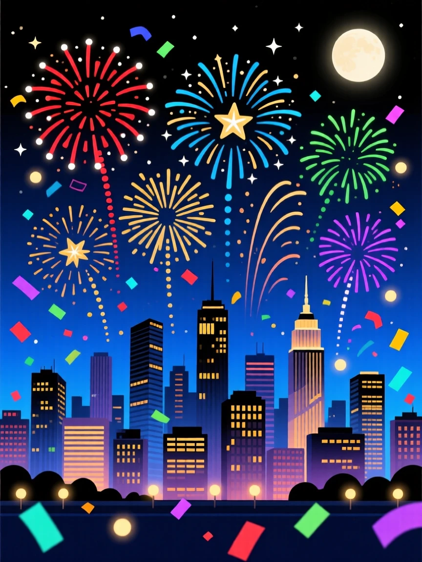 A festive New Year fireworks celebration over a city skyline, set beneath a glowing night sky filled with celebration, arranged with confetti or lights adding sparkle to the scene, with a joyful sense of togetherness and celebration.