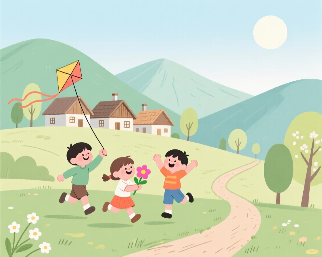 A spring scene of children playing in a mountain village.
