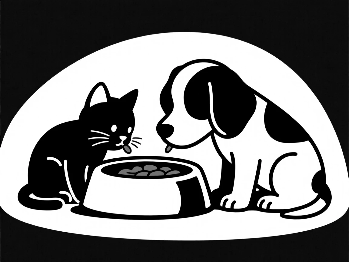 A kitten and puppy sharing a food bowl.