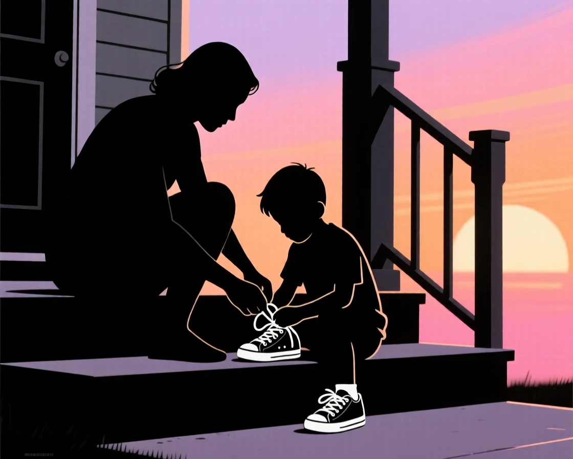 A mother teaching her son to tie his shoelaces on the front steps.