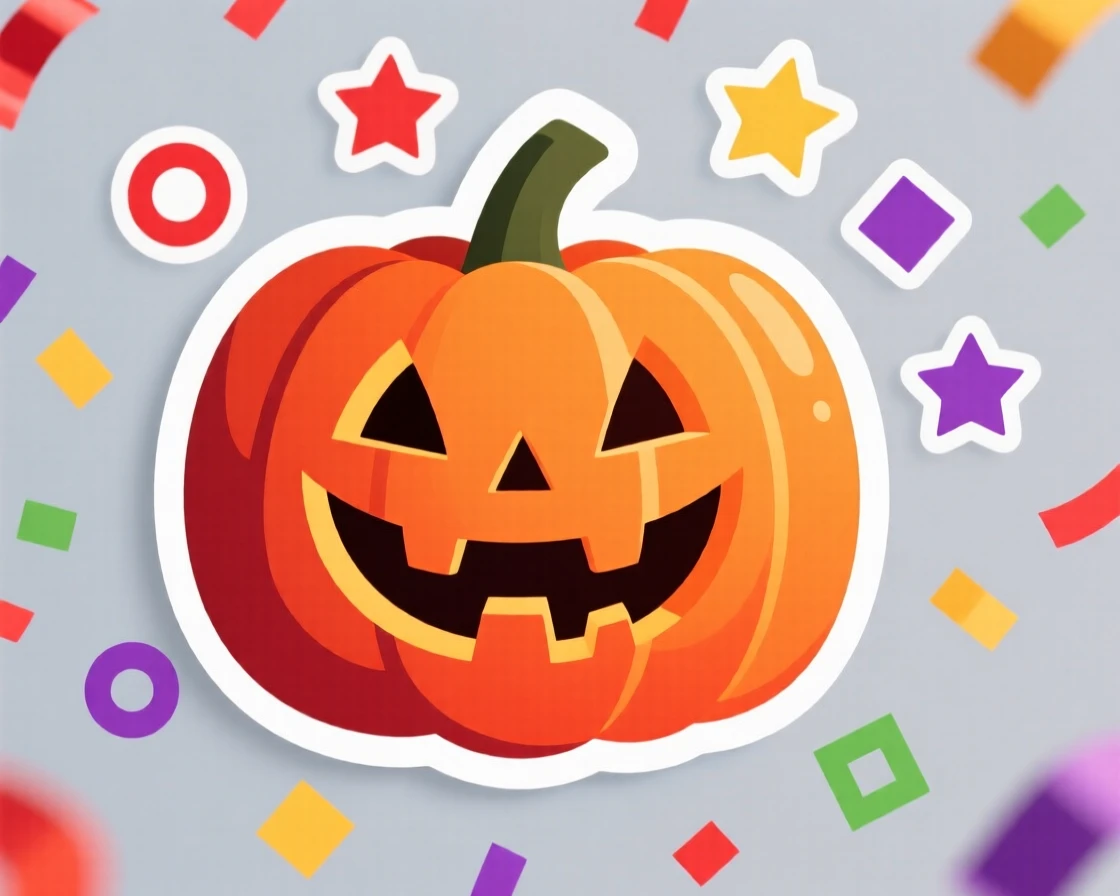A brightly colored jack-o-lantern with a mischievous carved grin, surrounded by falling confetti, on a cozy holiday evening at home.