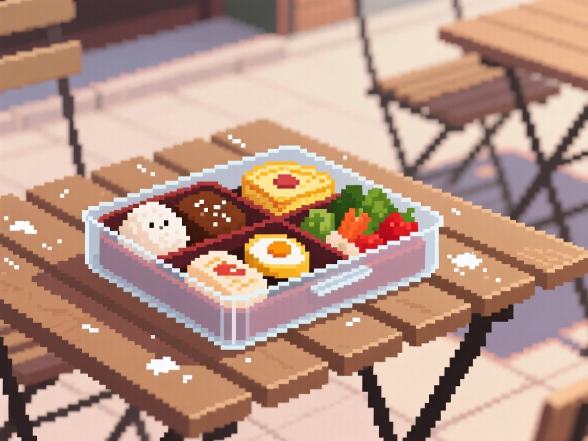 A bento box packed with tiny meals topped with a dusting of powdered sugar, at an outdoor café table.