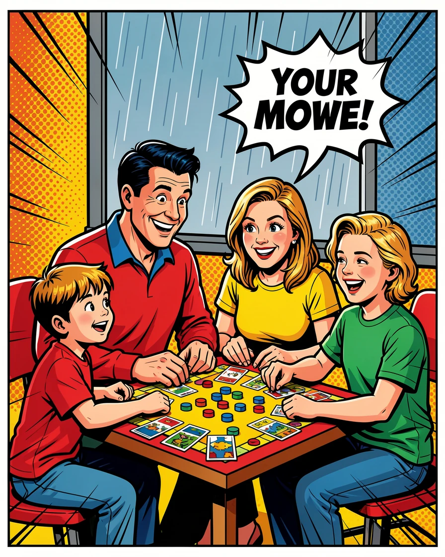 A family playing board games together on a rainy afternoon