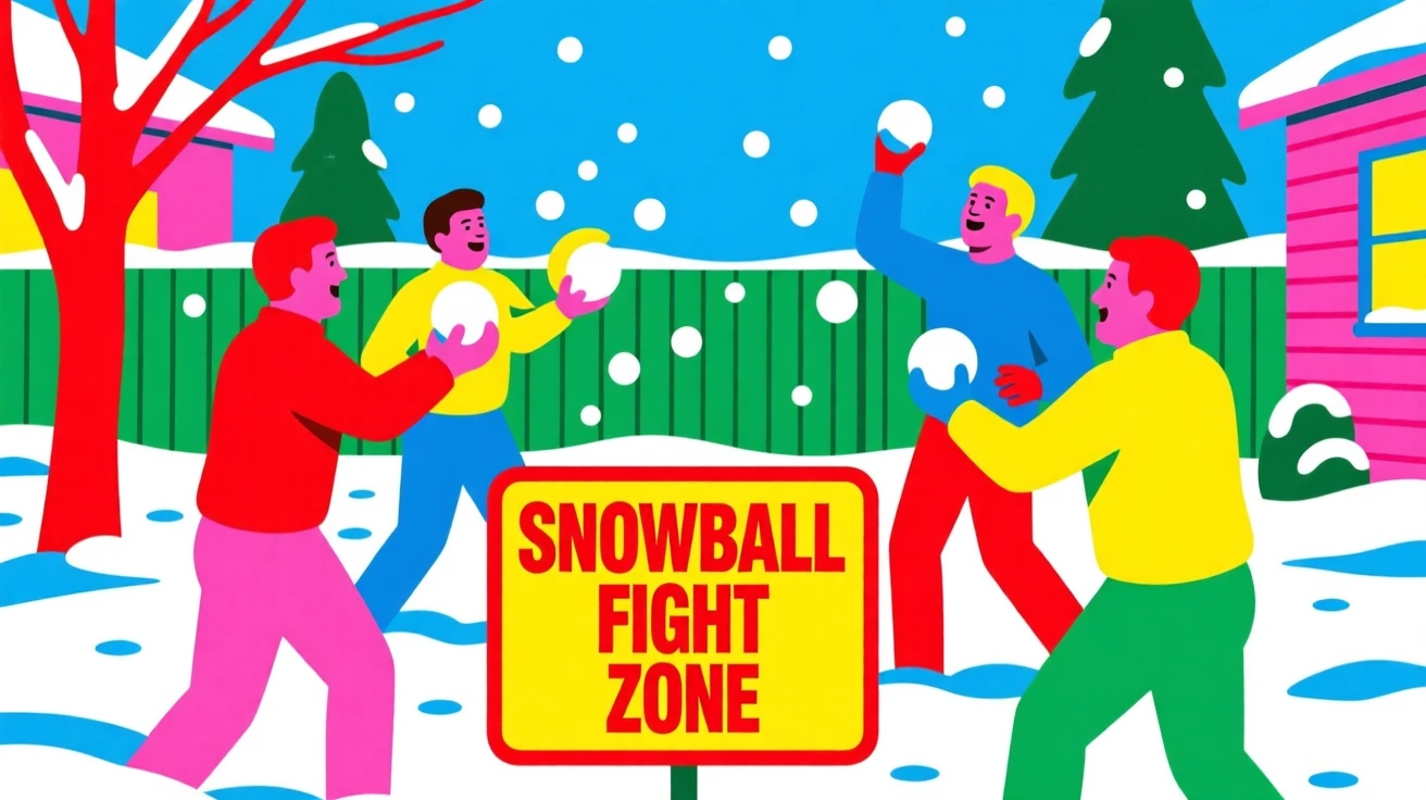 Winter snowball fight in a backyard
