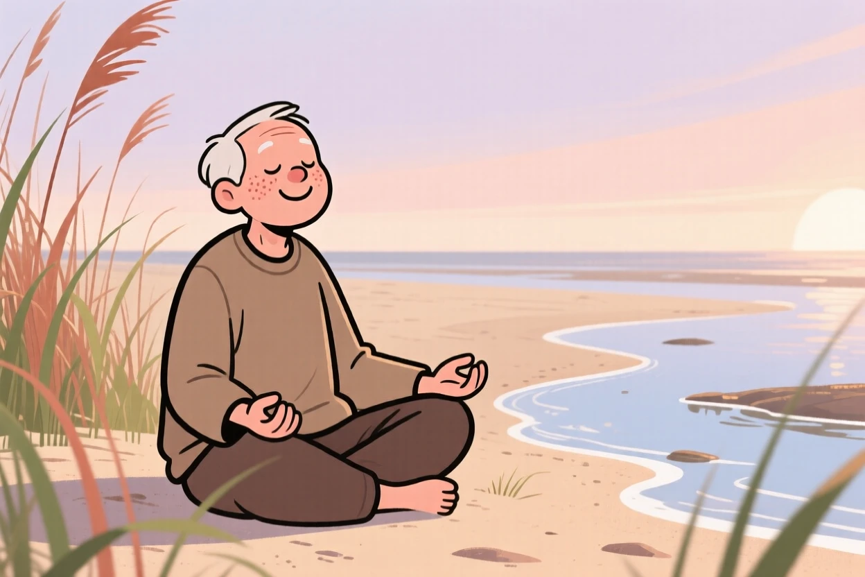 A elderly man practices slow breathing exercises on a quiet beach at low tide at first light, breathing slowly as rustling grass surrounds them.