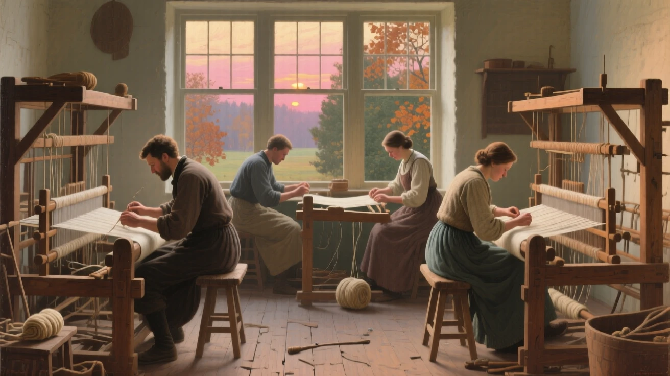 A balanced composition of a group of weavers working at wooden looms by a window, in mid-autumn, just after sunrise.