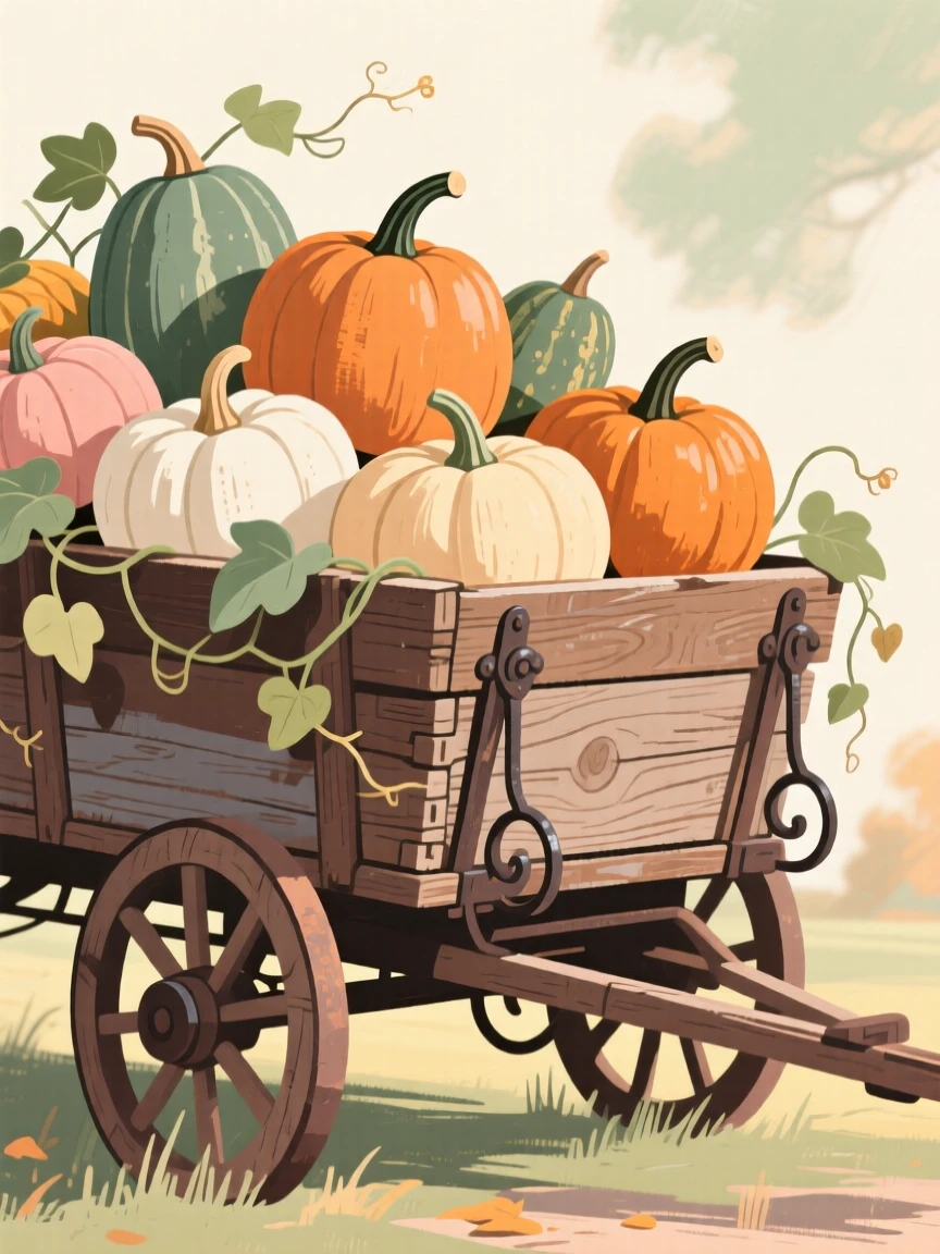 A rustic wooden cart loaded with autumn squash and pumpkins