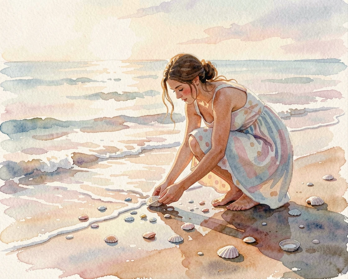 A woman collecting seashells along the shoreline surrounded by natural light.