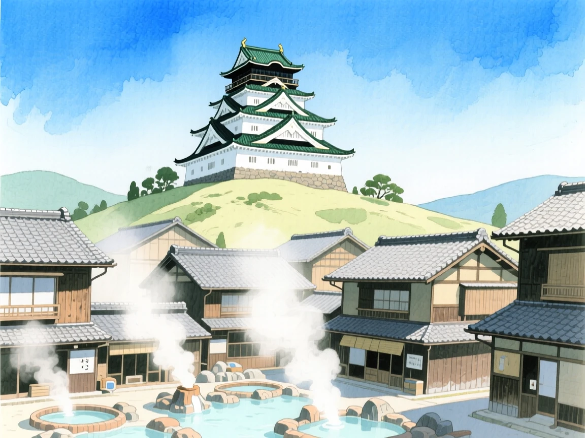 A picturesque view of a Japanese hot spring town with a castle rising above the rooftops, beneath a clear blue sky