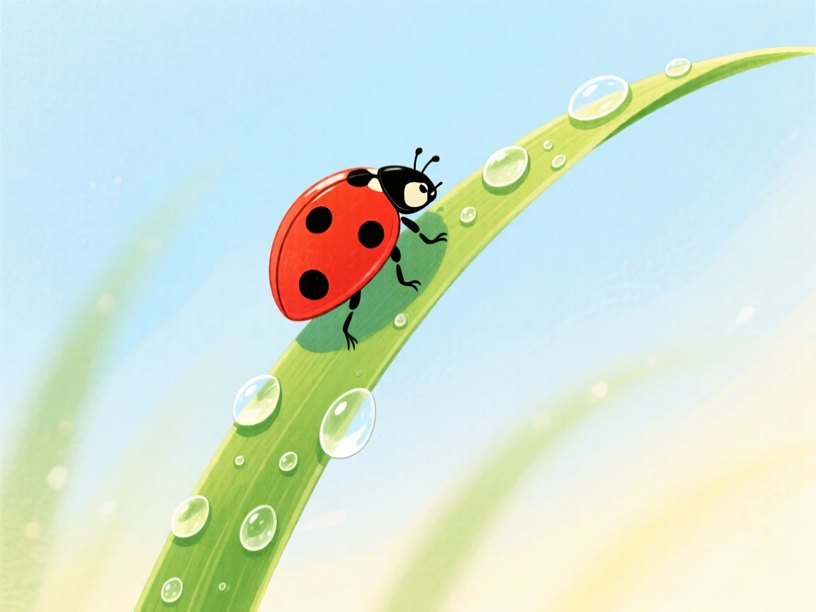 A ladybug climbing a dew-covered blade of grass, captured in a moment of quiet wonder.