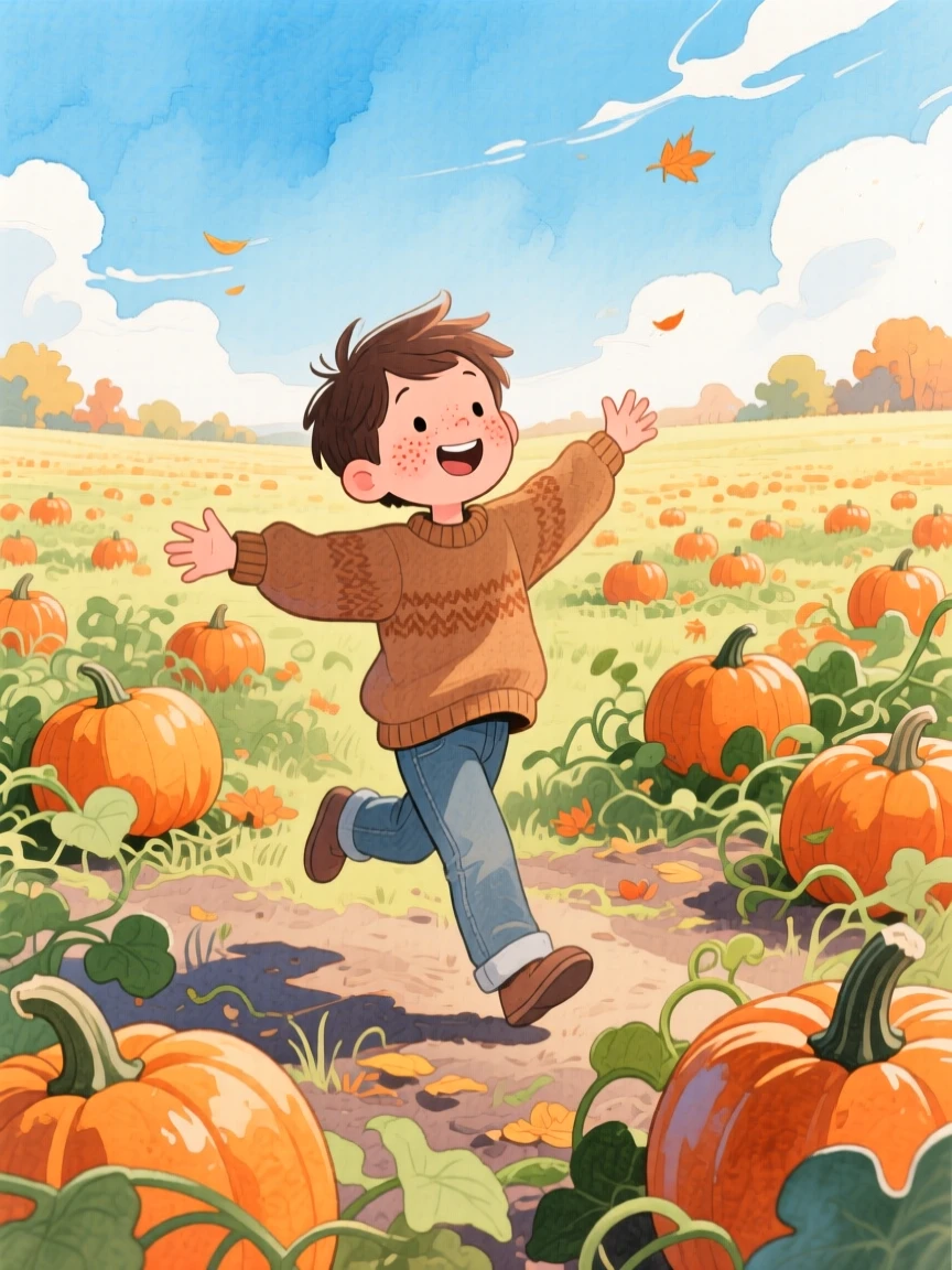 A little boy with freckles spinning in circles with arms outstretched in a field, in a pumpkin patch under a crisp autumn sky, showing the magic of a simple, joyful moment.