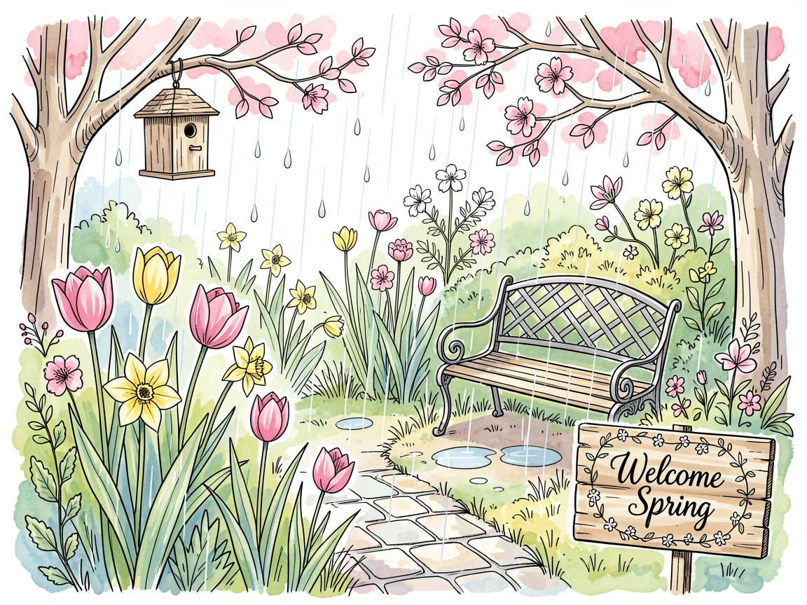 A spring rain shower over a garden bursting with fresh blooms, small decorative details adding charm throughout.