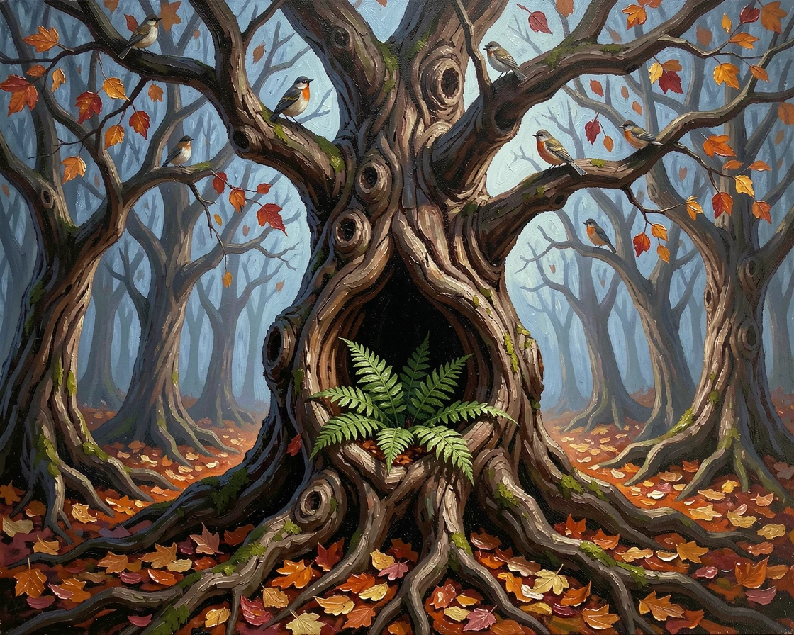 A dark, fairy-tale forest with twisted, gnarled trees, birdsong echoing through the still air, near a hollow tree filled with ferns, in deep autumn, leaves turning shades of amber and crimson.