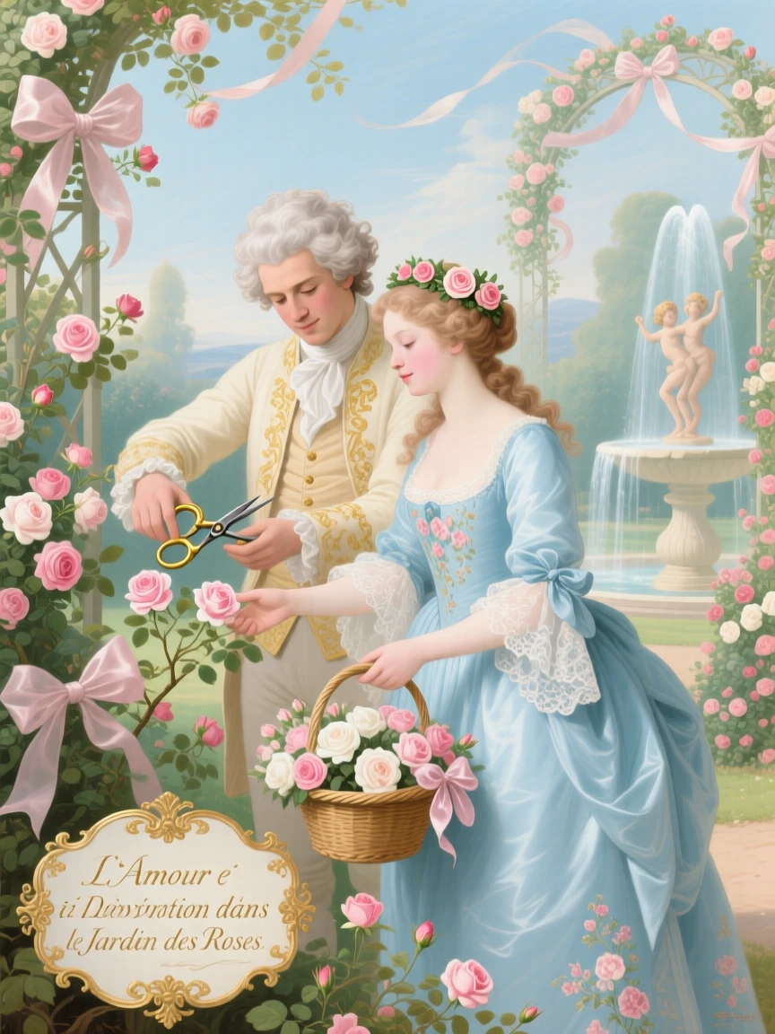A young couple representing devotion, tending a rose garden together  