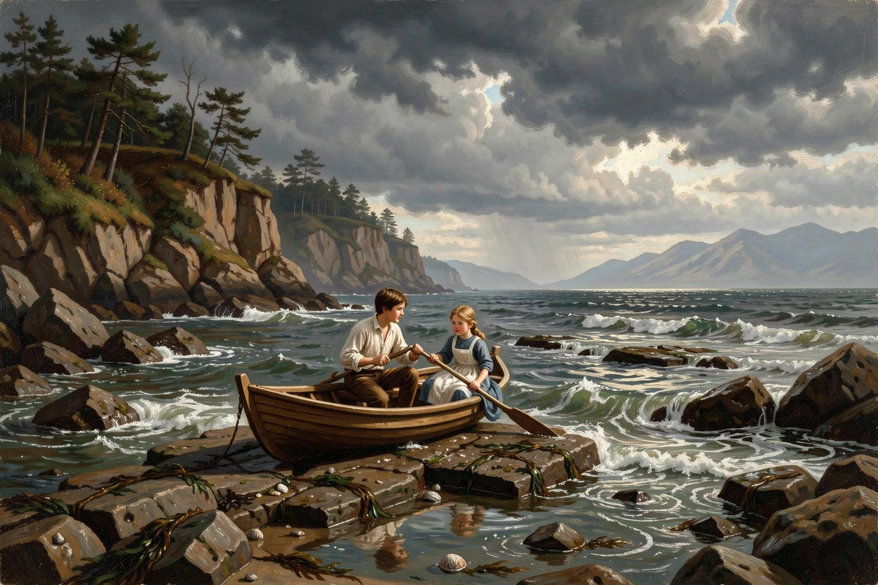 A pair of children rows across a reef exposed at low tide beneath a sky heavy with storm.