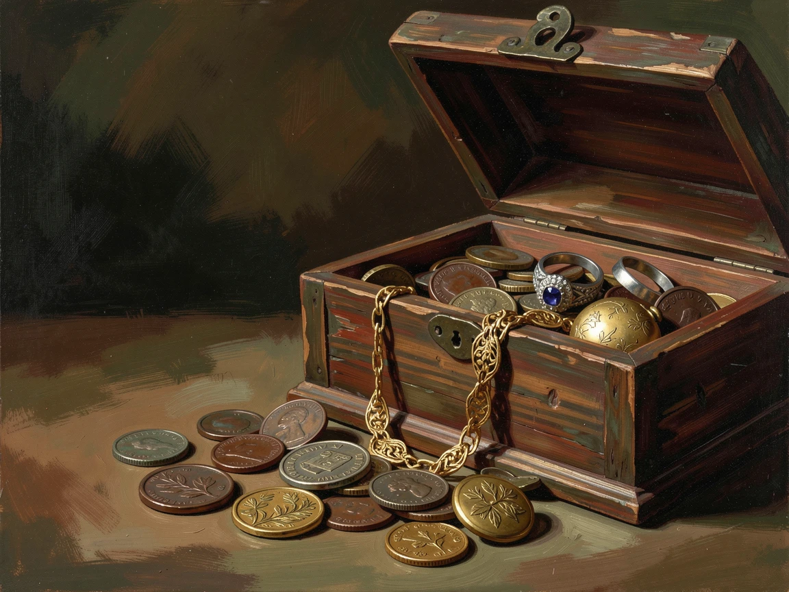 A collection of antique coins and jewelry spilling from a wooden chest, arranged with careful, deliberate elegance, radiating warmth, richness, and understated opulence