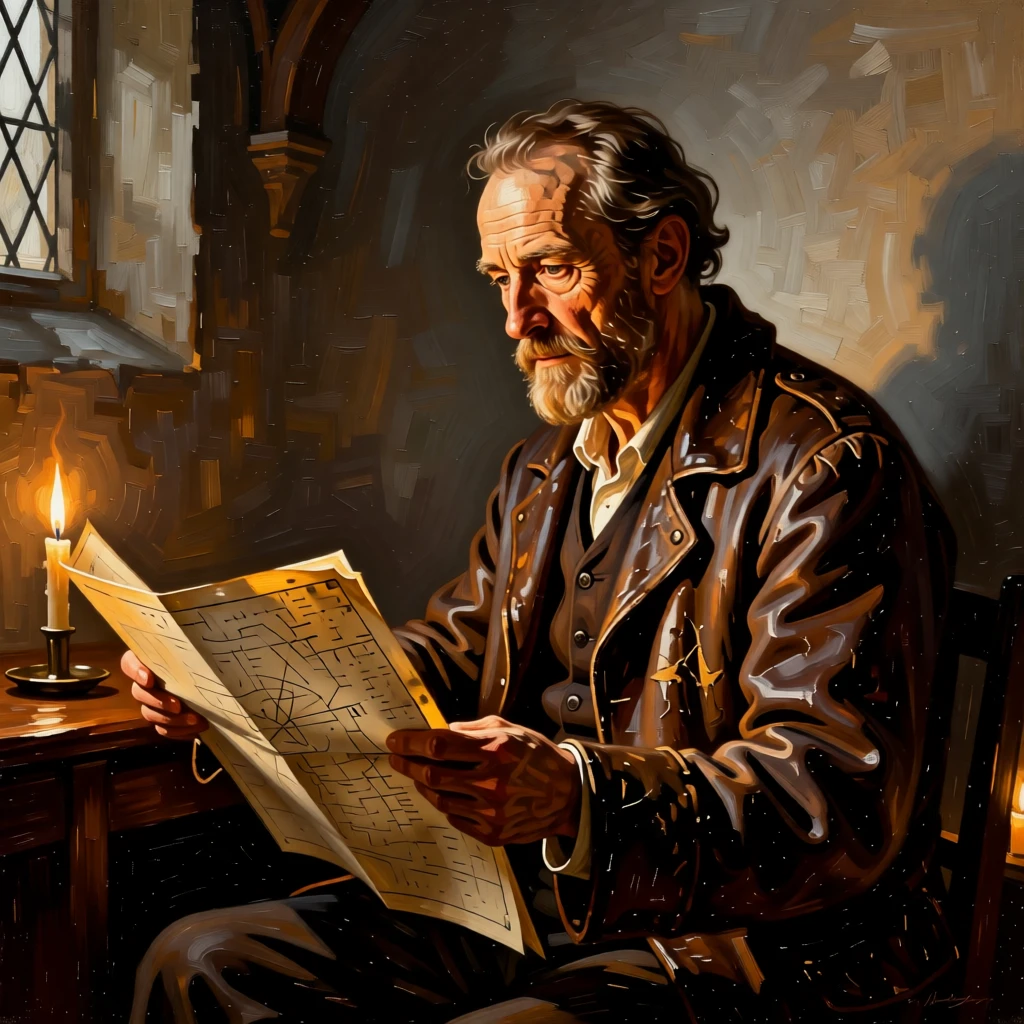 A weathered sea captain studying a worn nautical chart holding perfectly still in contemplative silence, set in a candlelit chapel side room, with a single shaft of light illuminating an expressive face; a tight three-quarter portrait draws focus entirely to the expression, capturing grace under the weight of everyday devotion.