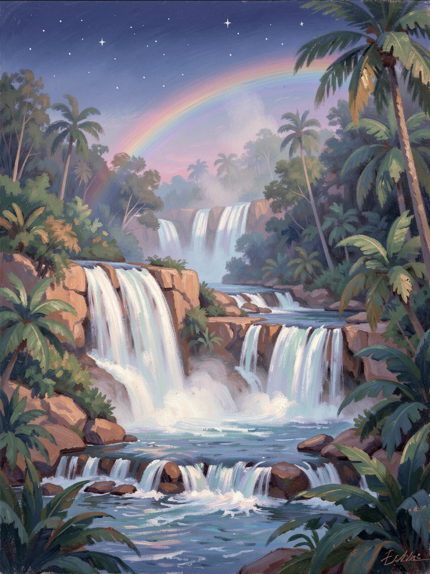 A cascading series of waterfalls in a lush tropical valley, rainbow mist rising where the water meets the pool below, under a canopy of stars, conveying a feeling of romance and tranquility.