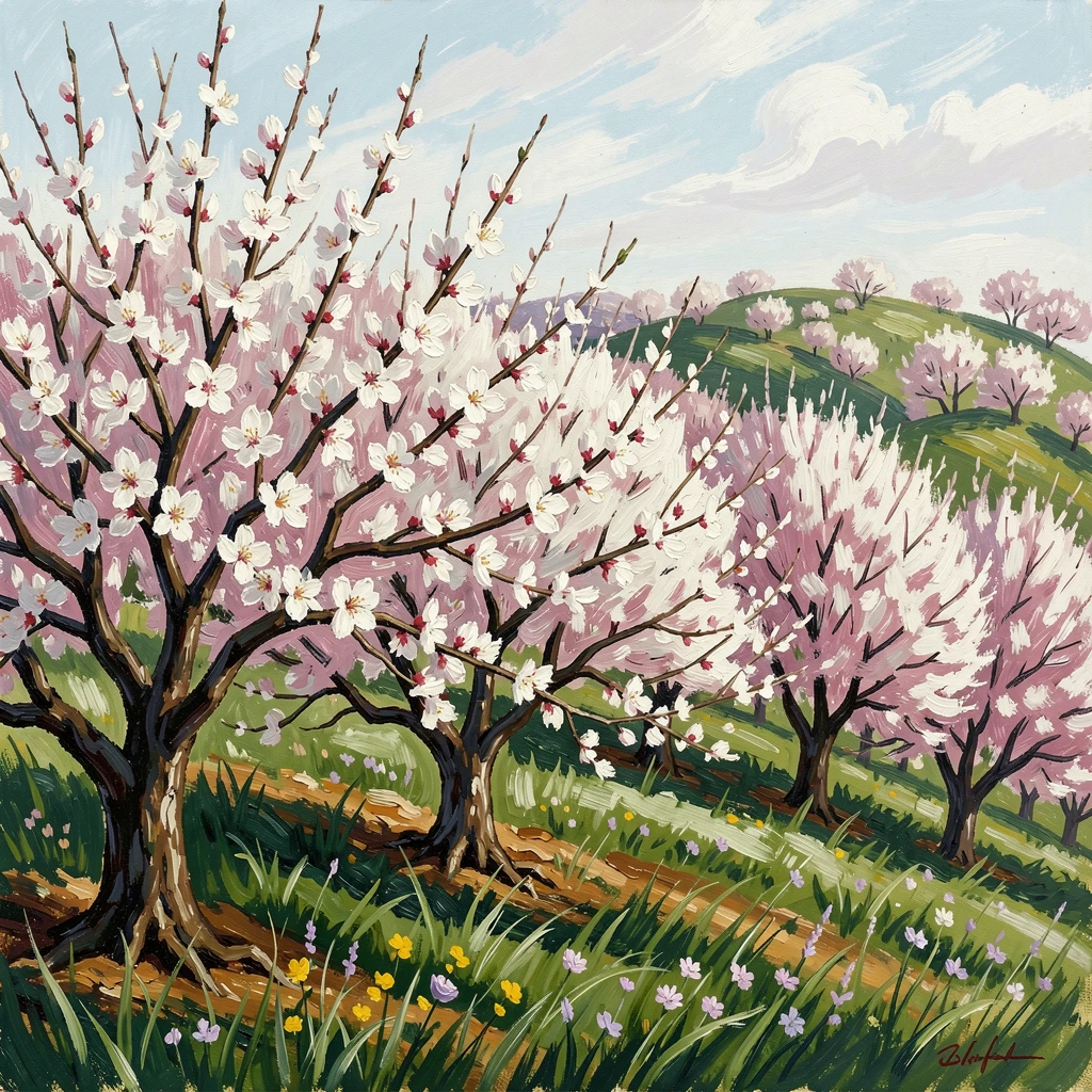 A springtime hillside covered in blooming almond trees under a pale blue sky.