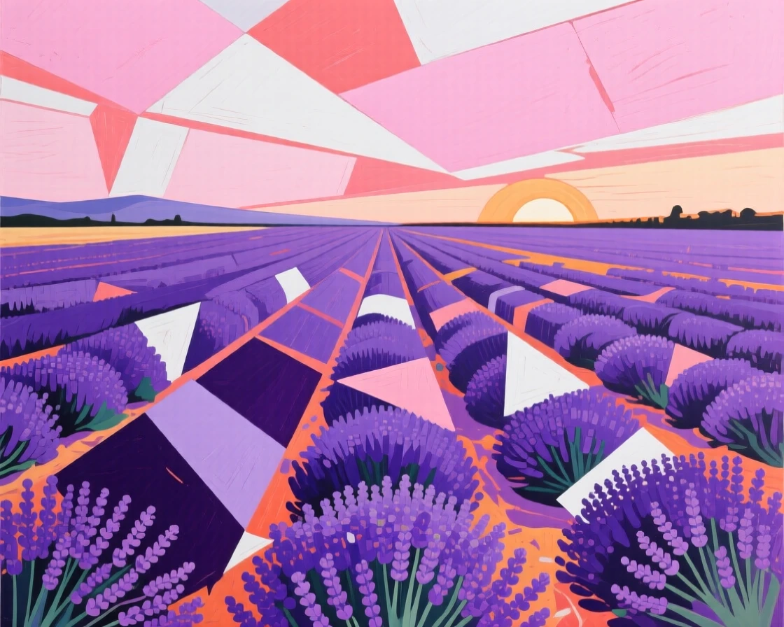 A field of lavender stretching to the horizon beneath a soft pink sunset sky.