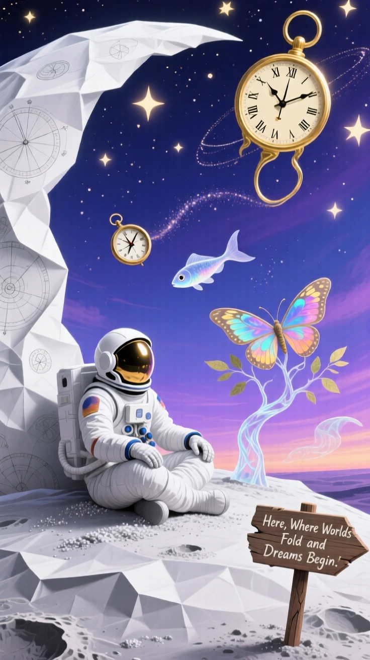 A lone astronaut resting quietly on the surface of a paper moon stands quietly beneath a wide and endless sky, as small details of the world quietly bend and shift nearby.