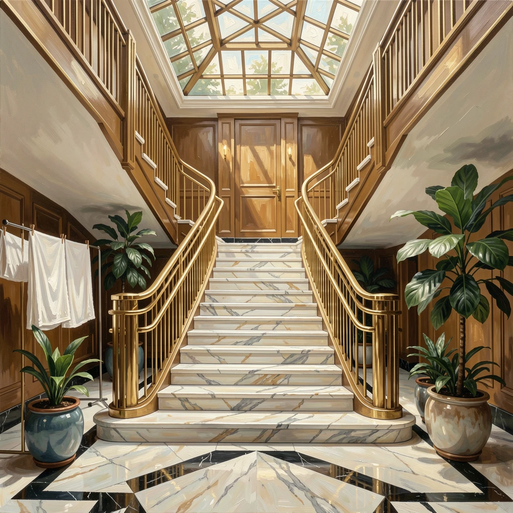 An elegant Art Deco hotel lobby shows geometric marble floors, brass fixtures, and a grand staircase beneath an ornate glass skylight, small everyday details, like drying laundry or potted plants, giving the scene a lived-in warmth.