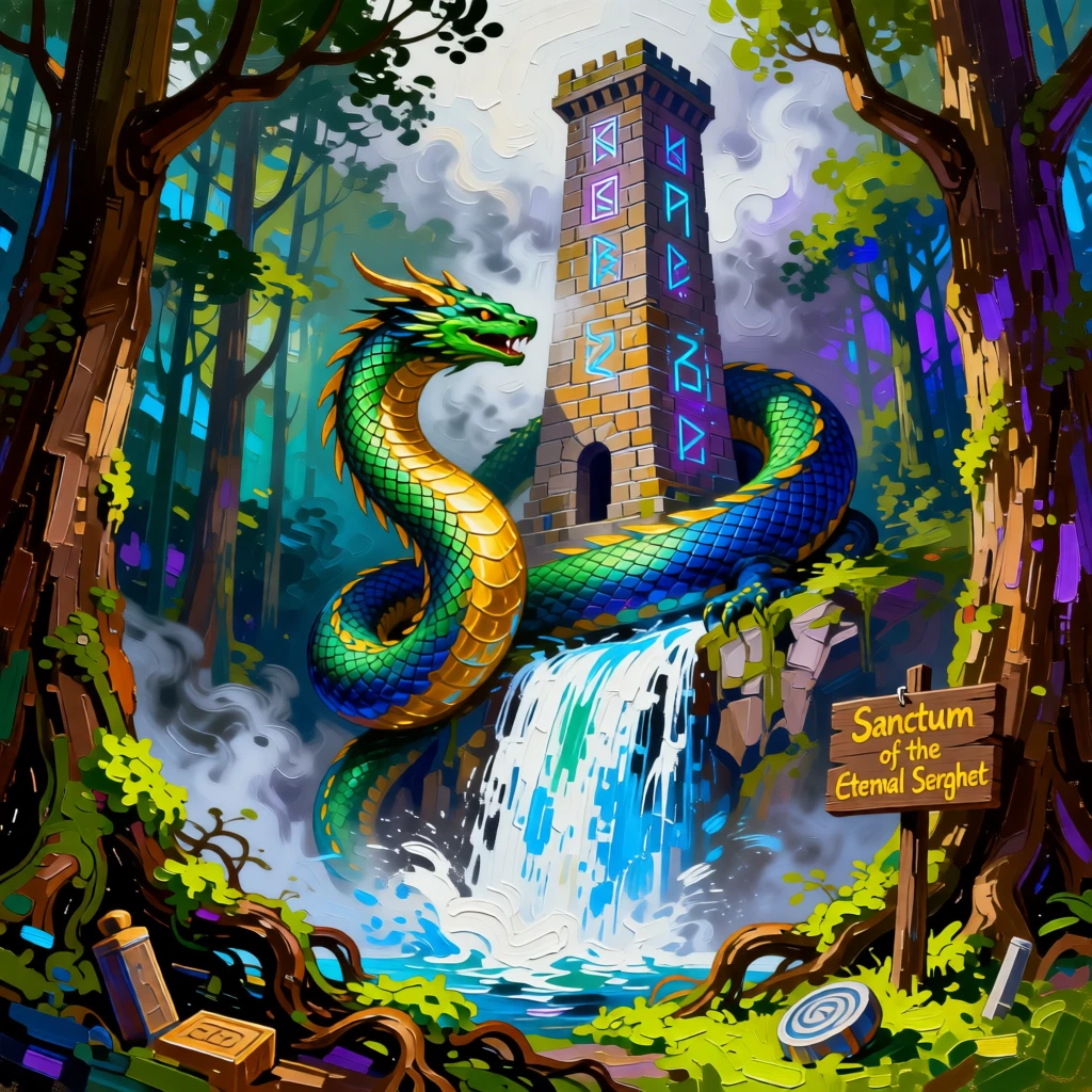 a serpent dragon coiled around a waterfall circling a tower of ancient magic deep within an enchanted forest