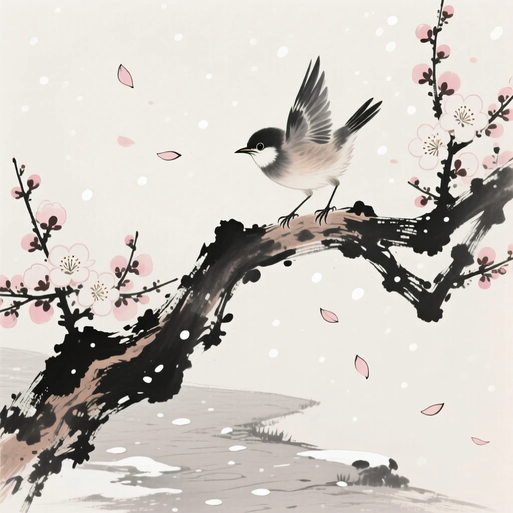 A young bird takes its first flight from a blossoming branch, as petals drift like snow across the path.