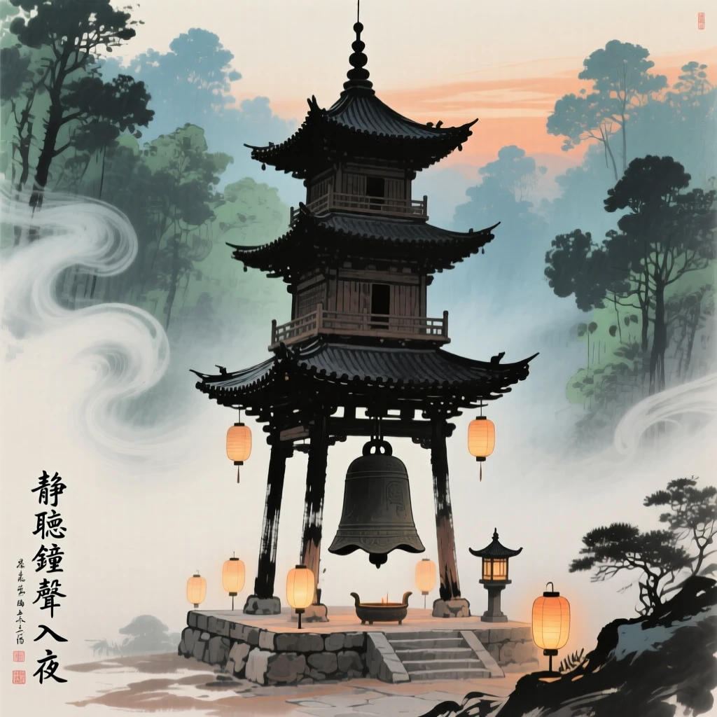 A bell tower rising above the mist of an ancient monastery, conveying a deep sense of harmony with nature, as lanterns are lit for the evening.