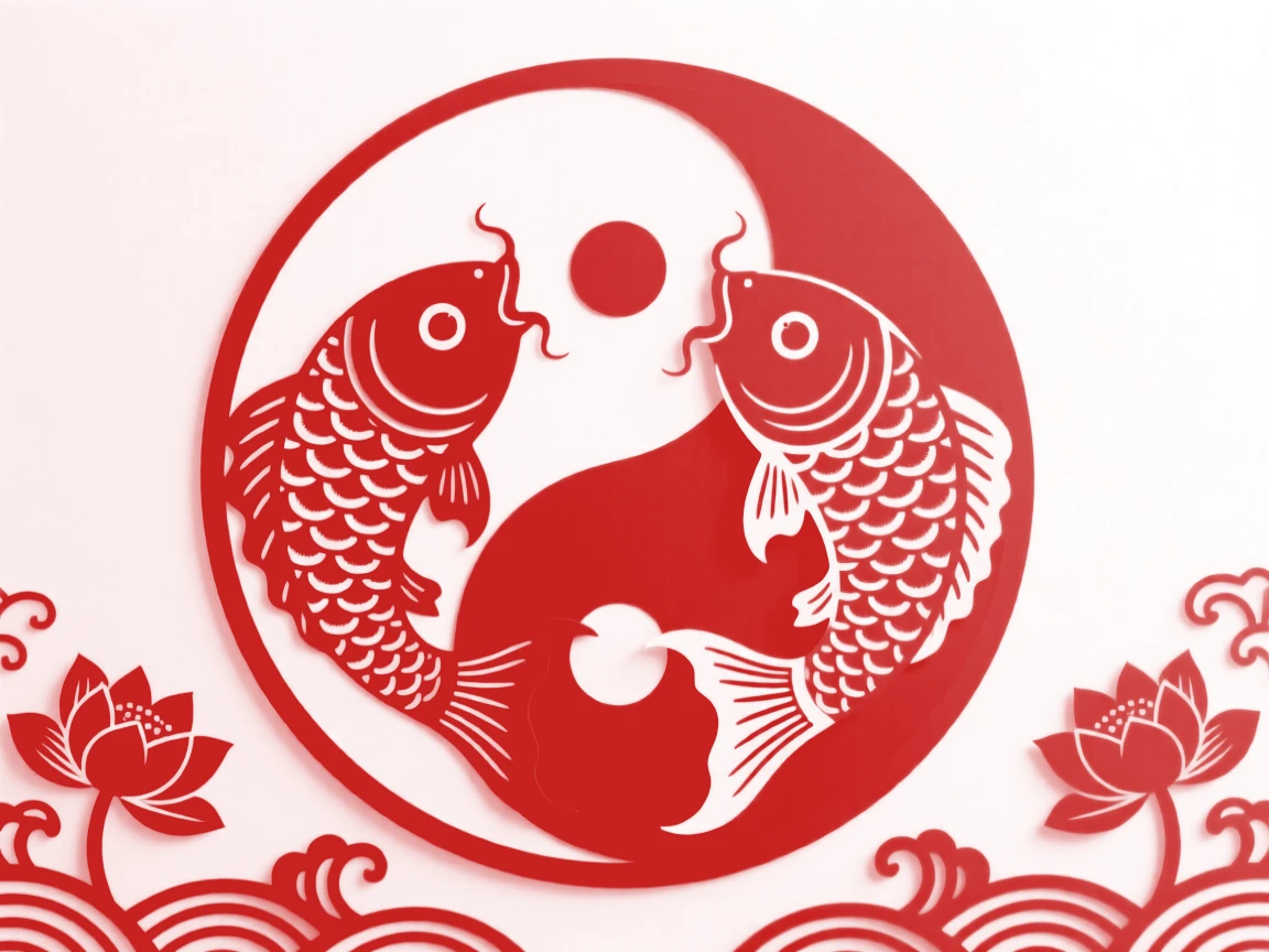 A pair of fish forming a circular yin and yang pattern, symbolizing abundance and harmonious balance
